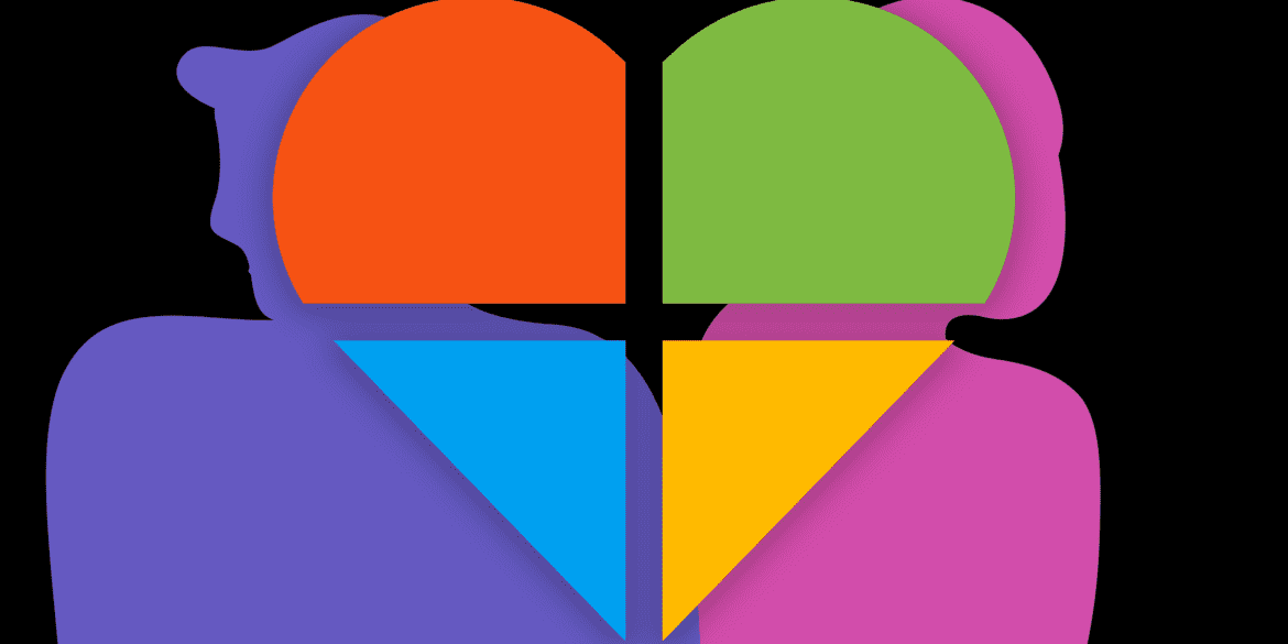 Windows logo in a heart symbol with a silhouette of a couple in the background