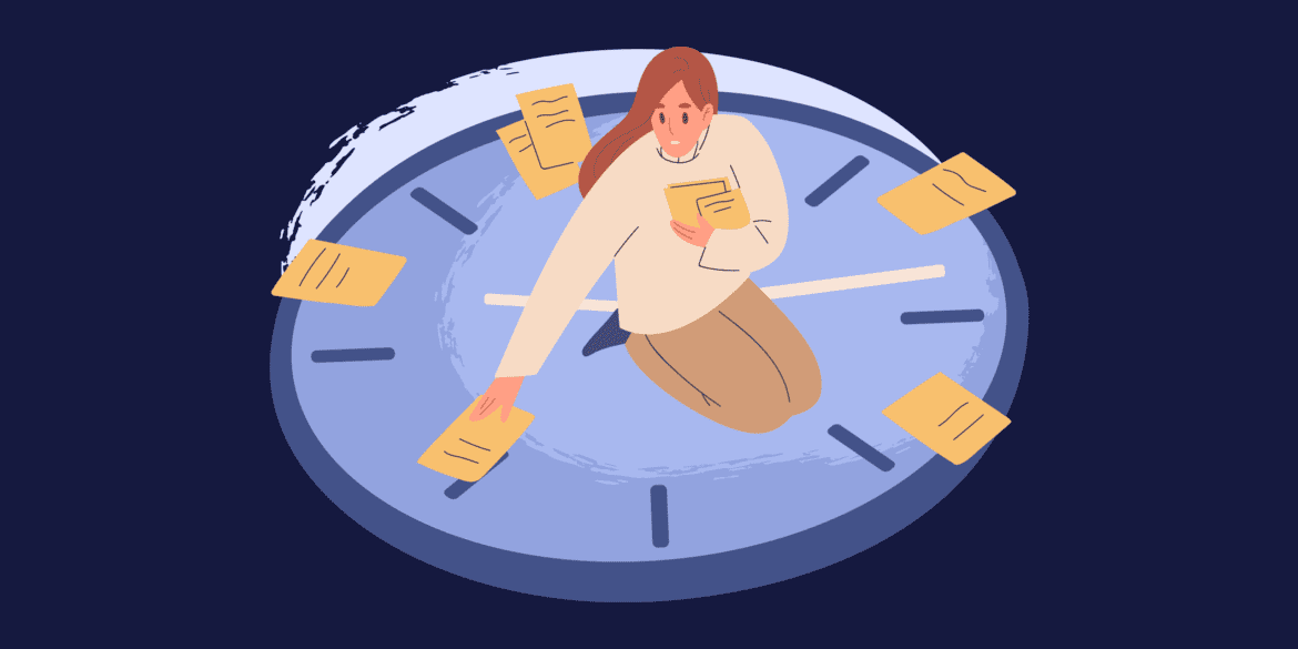 Woman handling papers sitting a clock