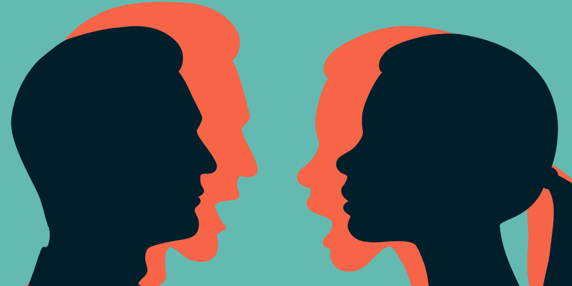 Silhouettes of a couple showing two sides of their emotions