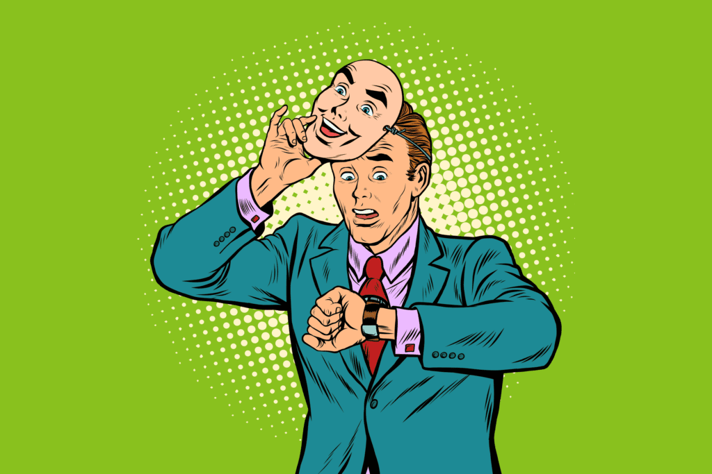 Pop art of man in suit checking his watch and being worried