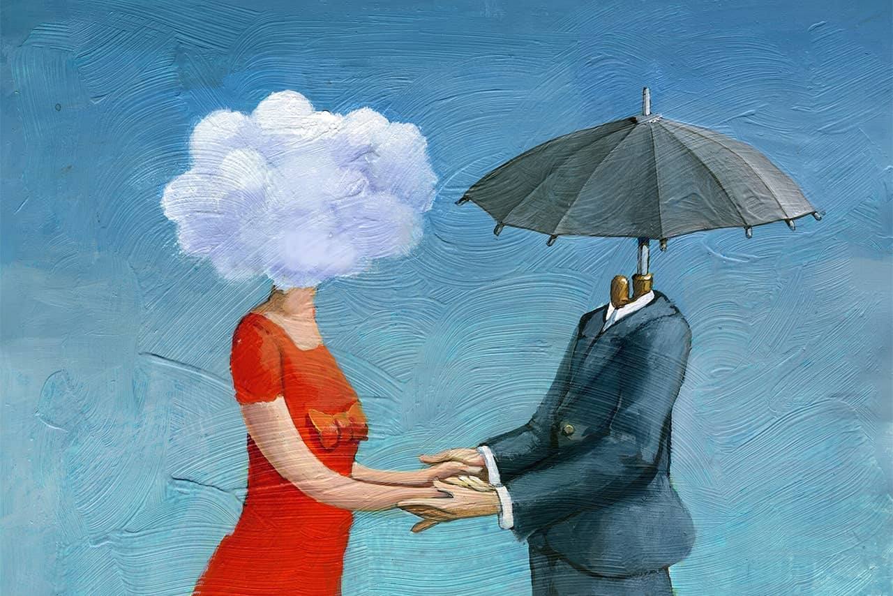 Painting of couple holding hands - woman with cloud and man with umbrella for heads