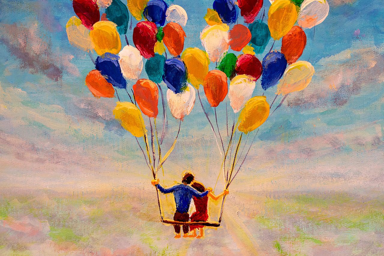 Illustration of a couple in love flying on air balloons