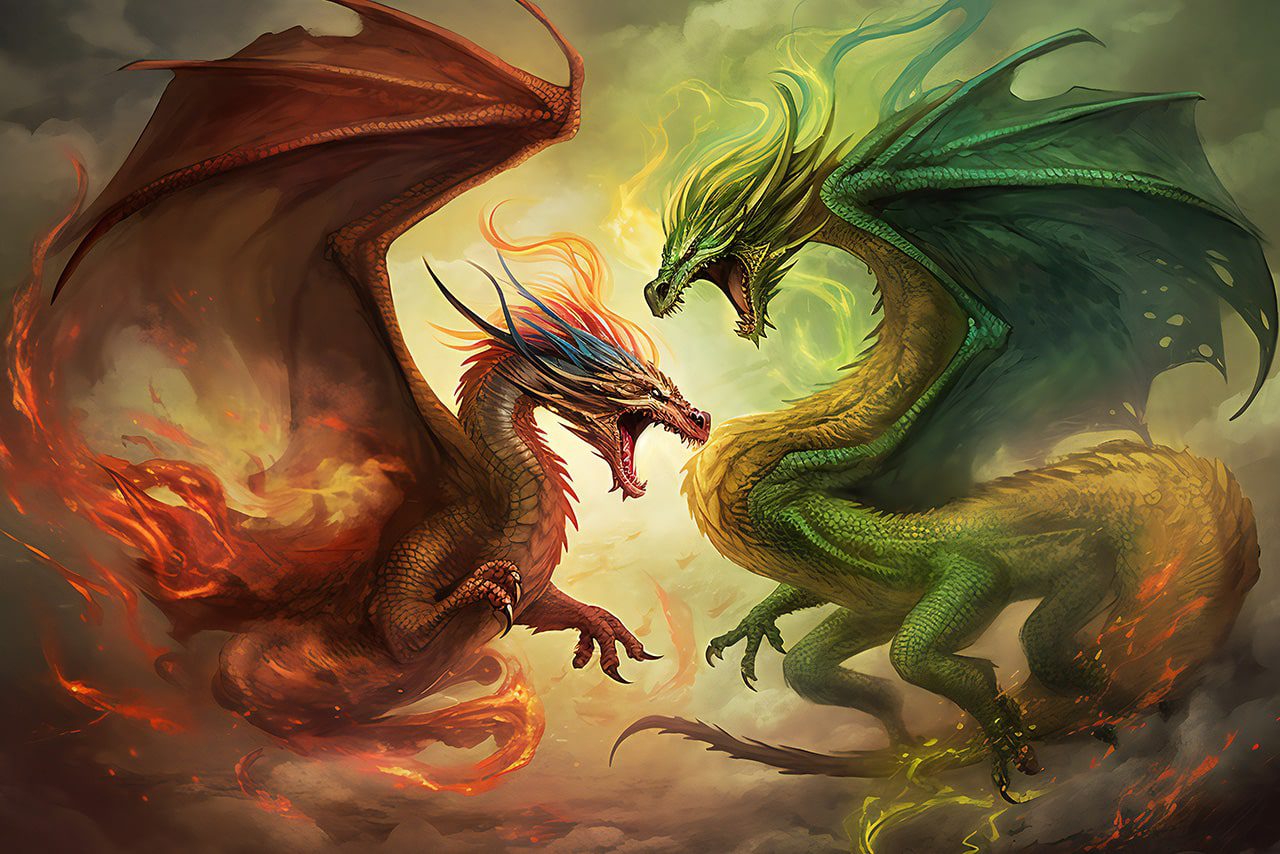Fighting dragons representing power struggles in marriage