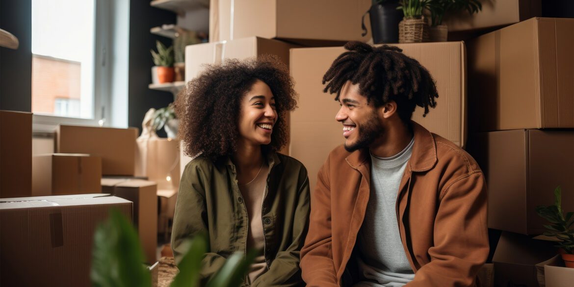 Smiling couple moving