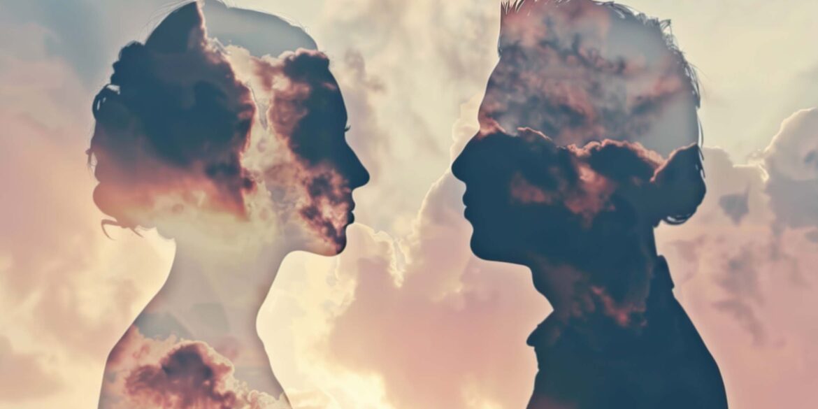 Couple looking at eachother in clouds