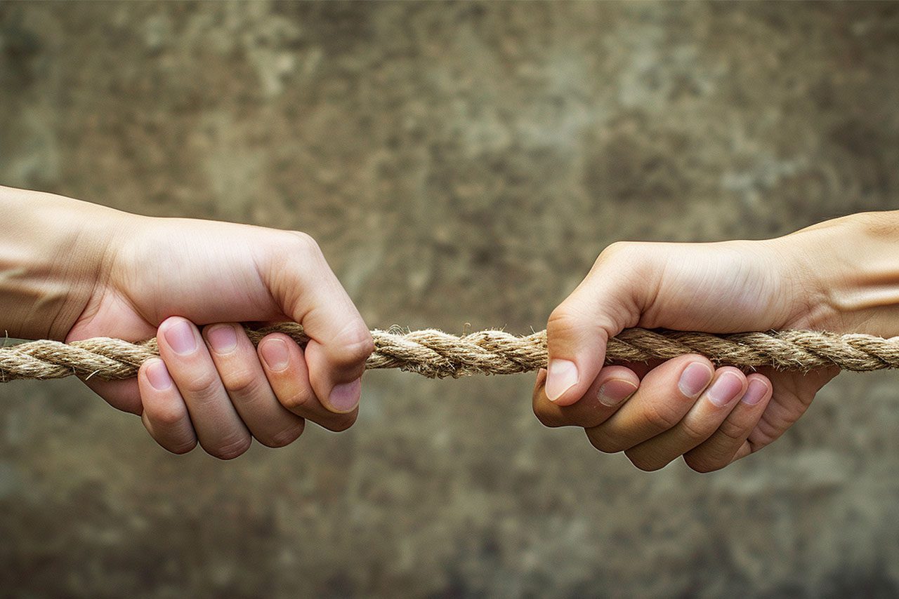 Couple playing tug-of-war with a rope