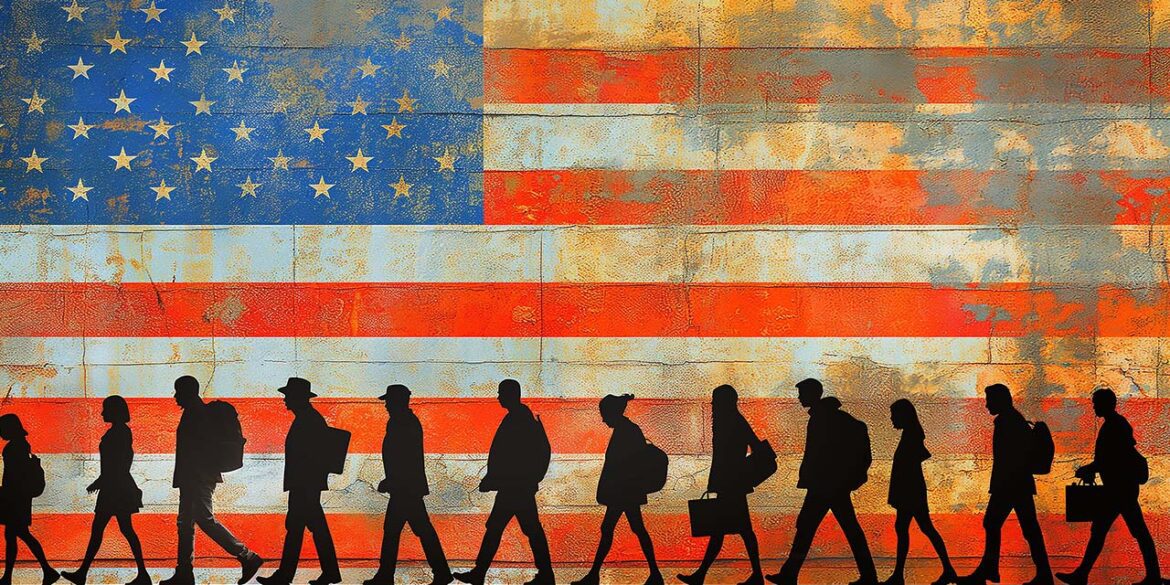 Immigrants in front of an American flag