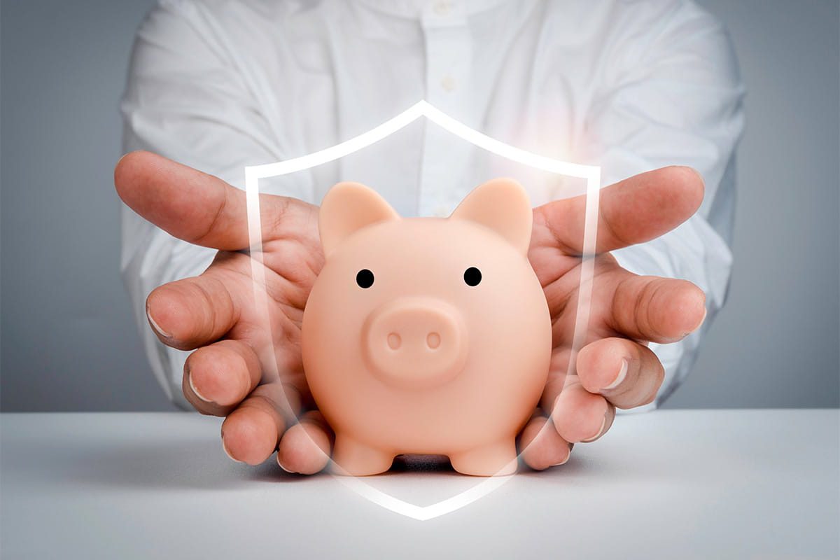 A shield shape around a piggy bank