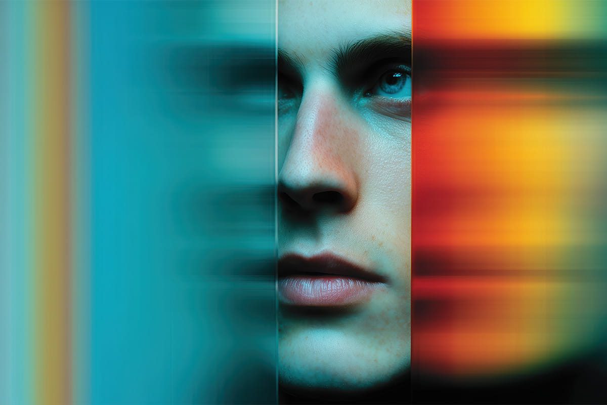 Person's face with shifting colors