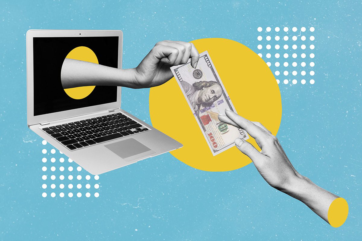 handing money through laptop